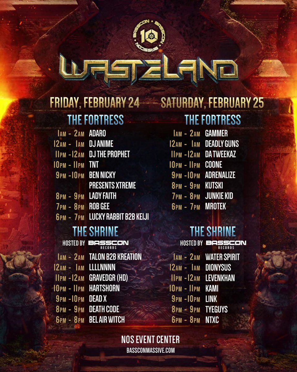 Set times are in & it's time to fulfil the energy for a decade of #Basscon at The Fortress & The Shrine of #WASTELAND on February 24+25 at the NOS Events Center.🌋🏮→ Let us know your top 3 sets to see!💬