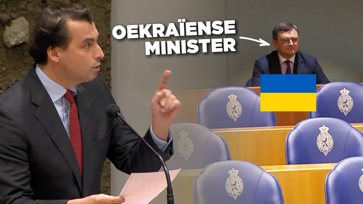 In het debat over de Nederlandse steun aan Oekraïne richt Thierry Baudet zich tot de aanwezige Oekraïense minister van Buitenlandse Zaken Dmytro Kuleba: "Stel de belangen van de Oekraïense bevolking bovenaan en laat de oorlogshitsers in hun sop gaar koken." #FVD