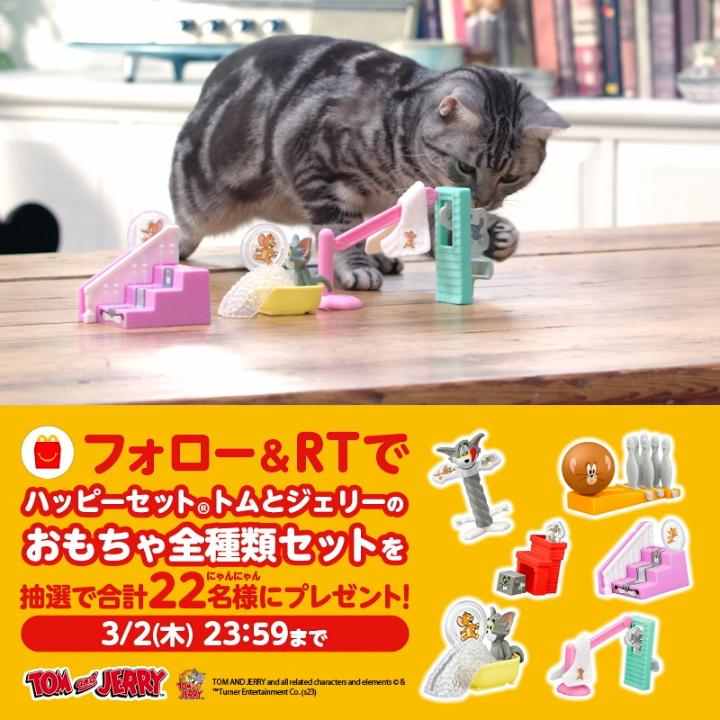 / 今日2/22(水)の猫の日は… 親子でいっしょに #トムとジェリーにレッツにゃレンジ! \ #ハッピーセット でもらえるトムとジェリーをつなげて遊ぶお手本を猫ちゃんが披露😸 お見事!と思ったらフォロー&RTを😍抽選で合計22名様におもちゃ全種類プレゼント🎁 詳しくは→