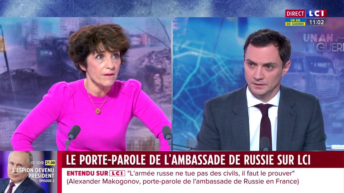 🔴🗣️ "Vous croyez vraiment que les 7 000 civils morts en Ukraine ont été tués par les forces ukrainiennes ?" demande Elizabeth Martichoux "Oui, je crois à notre vérité", rétorque Alexander Makogonov, porte-parole de l'ambassade de Russie en France ▶ #LTI