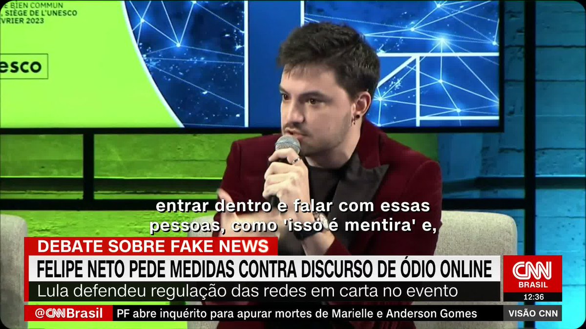 Em participação em um fórum da Unesco, o influenciador Felipe Neto pediu medidas contra o discurso de ódio online. Em carta ao evento, o presidente Luiz Inácio Lula da Silva (PT) defendeu a regulação das redes sociais #VisãoCN