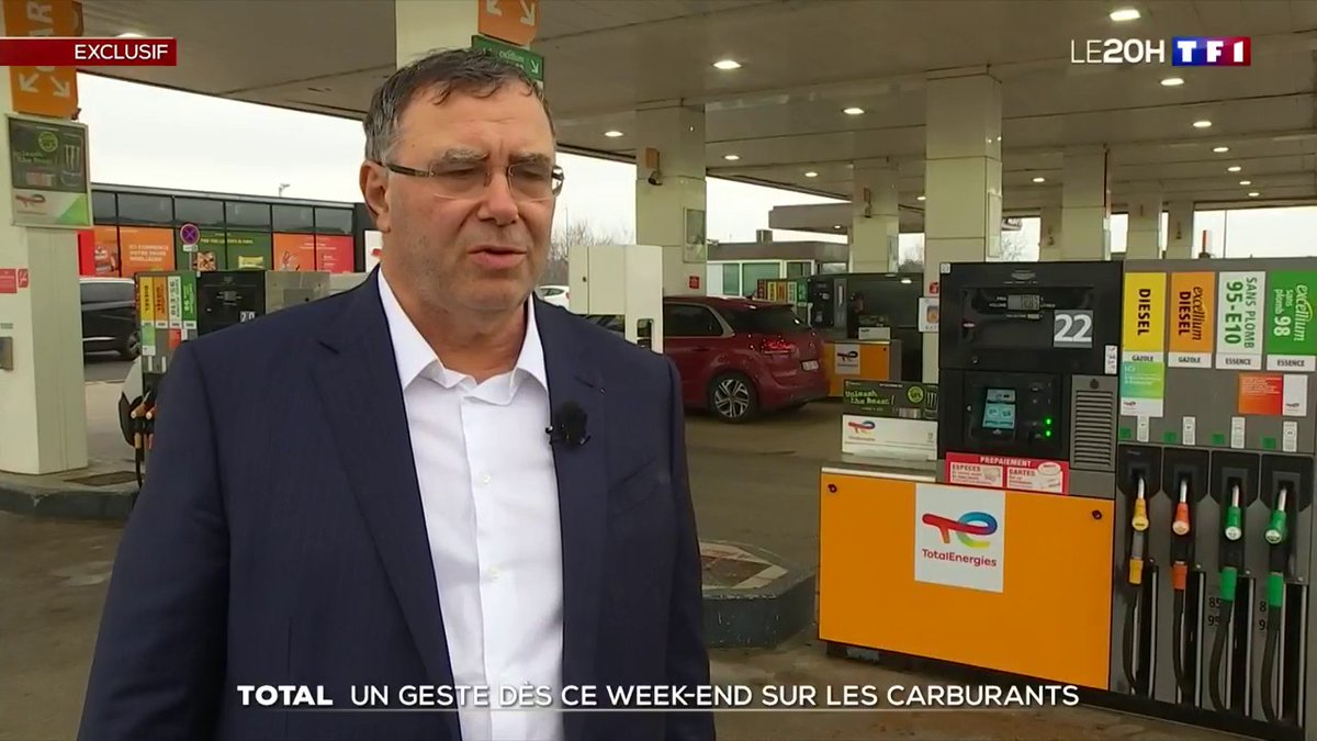 INFLATION : TotalEnergies annonce un plafonnement du prix des carburants jusqu’à la fin de l’année 2023. À partir du 1ᵉʳ mars, le litre de diesel et d'essence ne dépassera pas 1,99 euro dans les 3400 stations-service du groupe (PDG au 20H de TF1).
