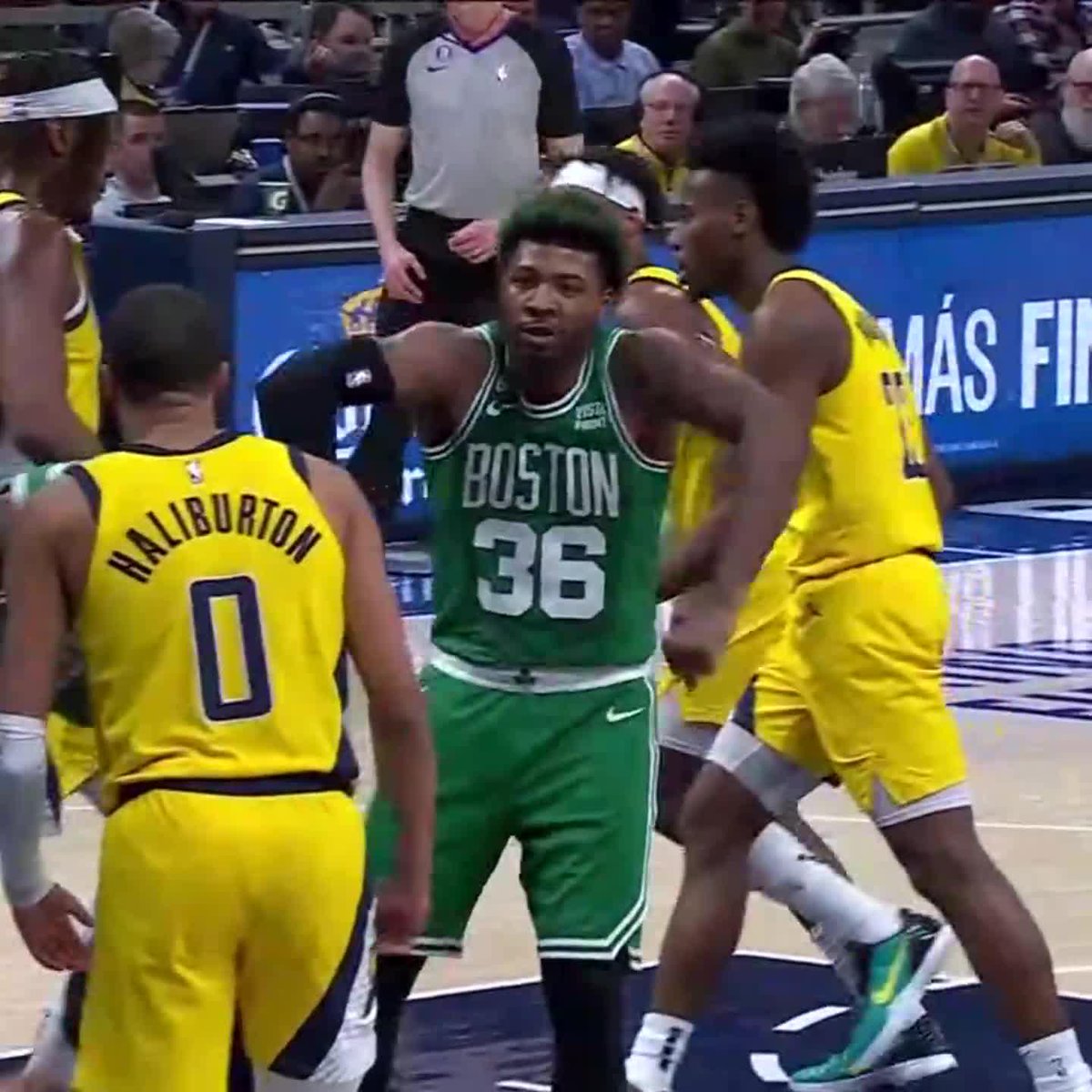 Marcus Smart received a technical after taunting Tyrese Haliburton.
