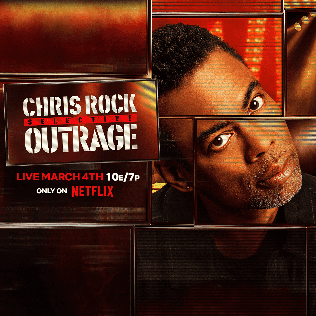 Don’t miss what Chris Rock will say in his LIVE Netflix special. ❤️ this tweet for a reminder when Selective Outrage premieres on Netflix. #ChrisRockLive. Sat March 4. 10pm ET/ 7pm PT.