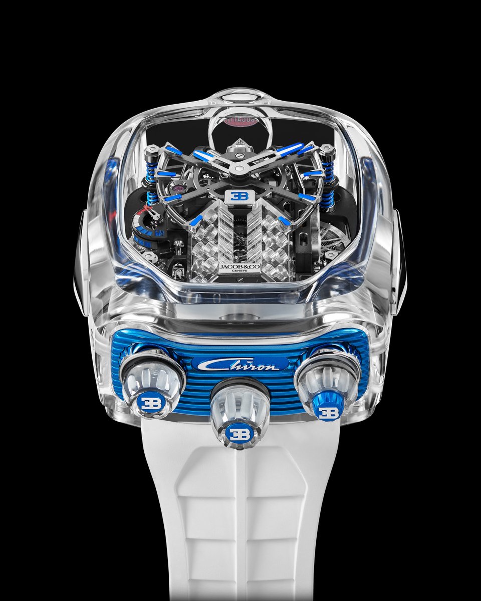 A rainbow of BUGATTI CHIRON Sapphire Crystal timepieces by Jacob&Co. From blue to bold matte yellow and vibrant orange, each watch in this collection is a true masterpiece that combines high complication movement and a transparent sapphire crystal case. #BUGATTI #JacobandCo