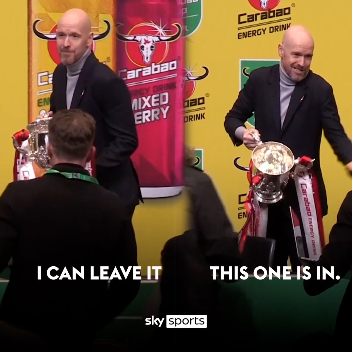 "I can leave it because the next cup. This one is in" 🏆 Just Erik ten Hag nearly leaving the Carabao Cup trophy behind 😅