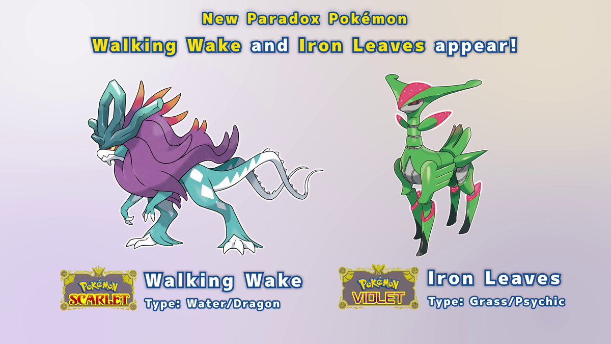 Meet the newly discovered Paradox Pokémon Walking Wake and Iron Leaves! 🌊🍃 ❤️💜 #PokemonScarletViolet