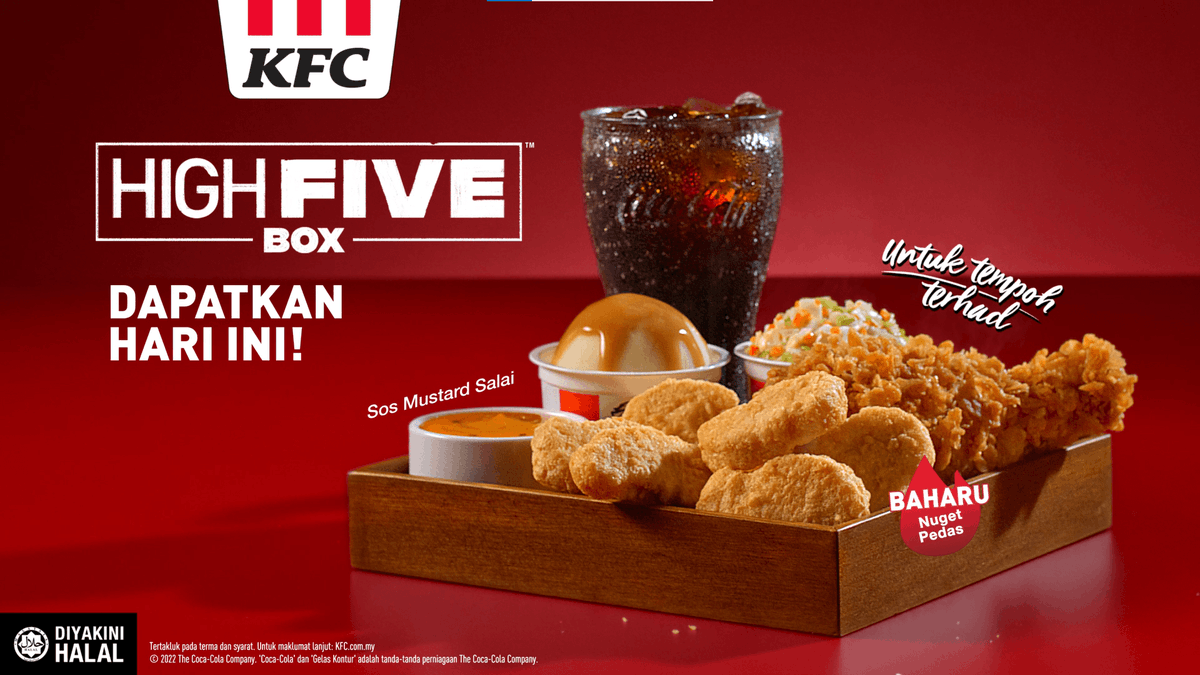 Bestiesss, dont walk, run to KFC and dapatkan High Five Box sekarang! 5-in-1 menu. Ada Nuget Pedas, Sos Mustard Salai, ayam goreng, whipped potato, coleslaw dan air berkarbonat. Untuk tempoh terhad je tauuu!