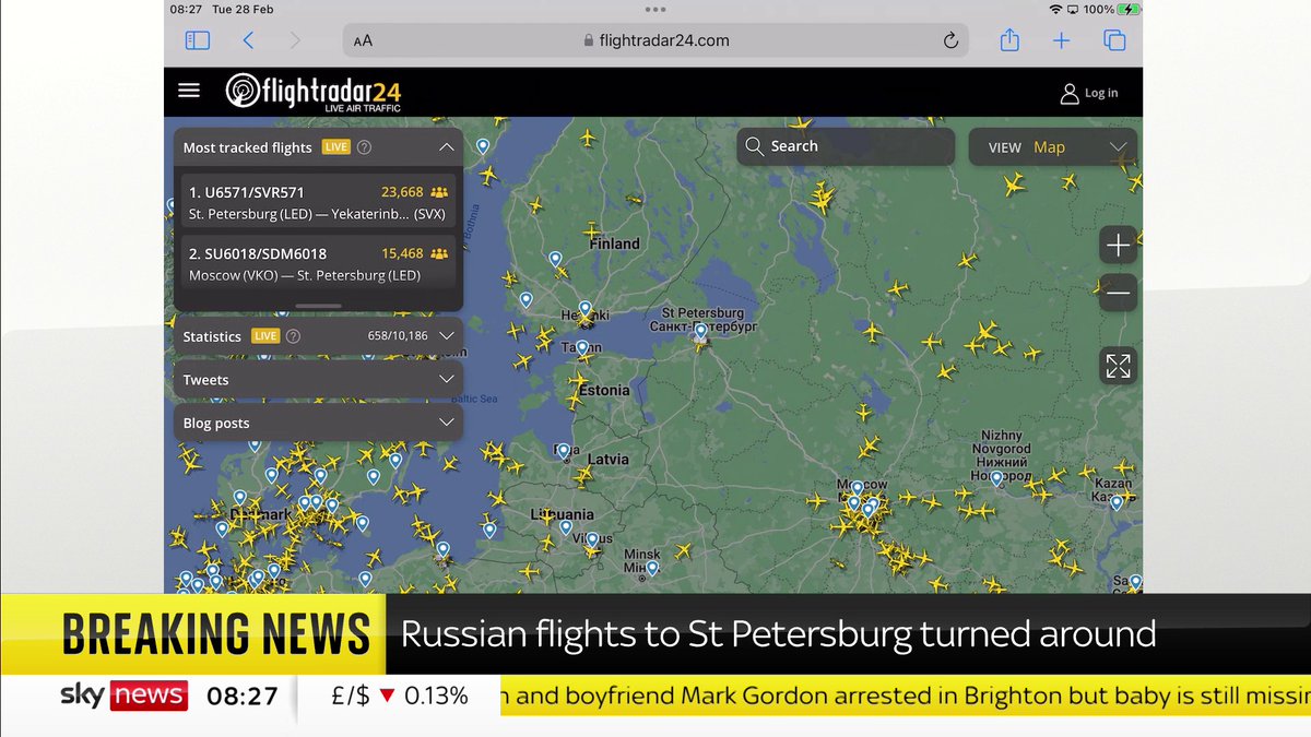 BREAKING: Flight tracking website Flight Radar showed several domestic flights headed for St Petersburg turning back to their destinations More here 👉 📺 Sky 501, Virgin 602, Freeview 233 and YouTube