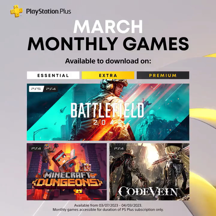 Your PlayStation Plus Monthly Games for March 2023 are: ➕ Battlefield 2042 ➕ Minecraft Dungeons ➕ Code Vein Full details: