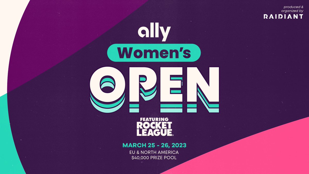 Raidiant and Ally are proud to present the Ally Women’s Open in partnership with Rocket League Esports! 🗓️ March 25-26, 2023 💰 $40,000 Prize Pool 🌍 European and 🌎 North American brackets 📺