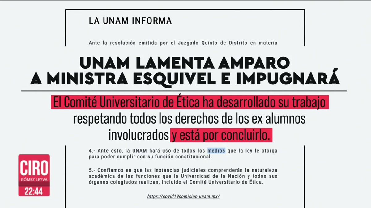 Un juez otorgó una suspensión definitiva a la ministra Yasmín Esquivel Mossa para que el Comité de Ética de la #UNAM no emita ninguna resolución sobre su tesis. Es decir, el amparo provisional que había obtenido en febrero fue ratificado. Así respondió la Universidad: