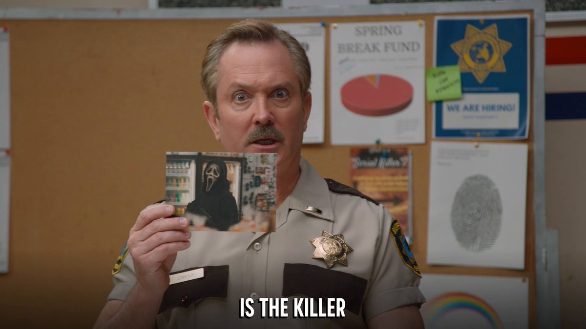 An unusual Reno Sheriff’s Department briefing leads to an unusual revelation about Dangle’s vision board. Don’t miss #ScreamVI! Paramount Pictures Scream