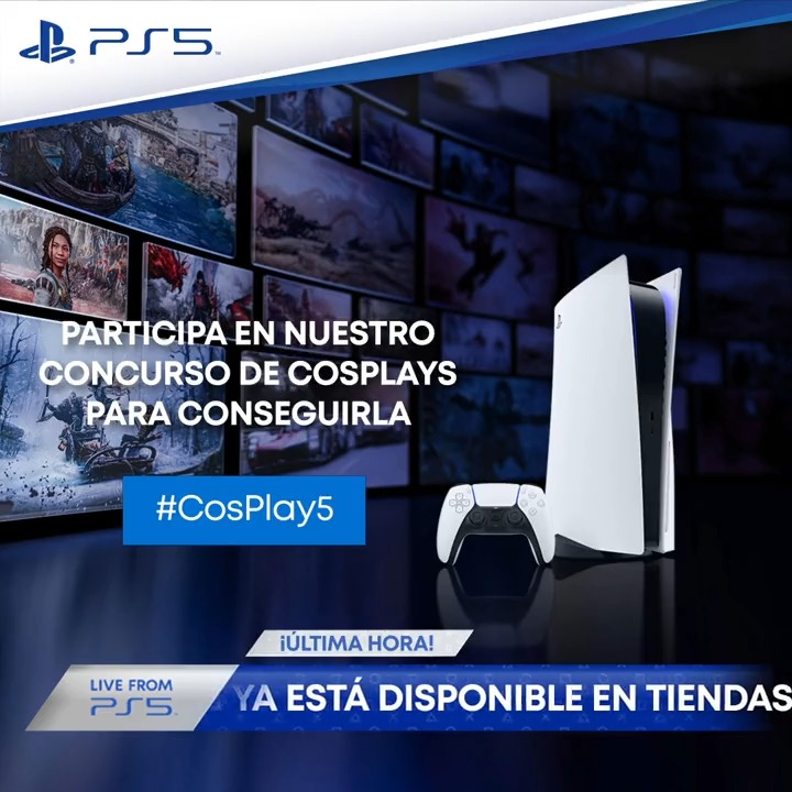 🔴ÚLTIMA HORA desde #LiveFromPS5🔴Celebramos la llegada de #PS5 a todas las tiendas con un CONCURSO DE COSPLAY. ✅Síguenos y sube con #CosPlay5 tu cosplay #PlayStation (📸 o 📹) en un lugar icónico de tu ciudad. ¡Hay 4 #PlayStation5 en juego! ¡SIGUE LEYENDO! 👇