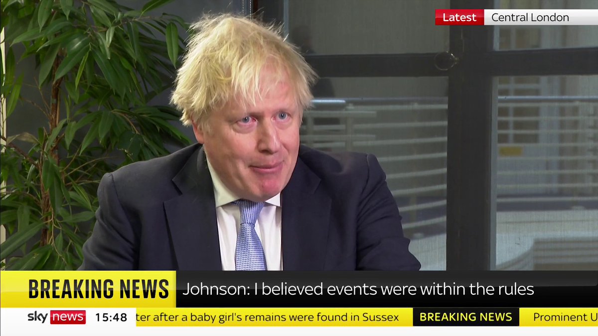 "I believed what we were doing was implicitly within the rules" Former prime minister Boris Johnson "denies contempt of parliament" and states if he knew COVID rules were being broken in No. 10, something would have been done. 📺 Sky 501