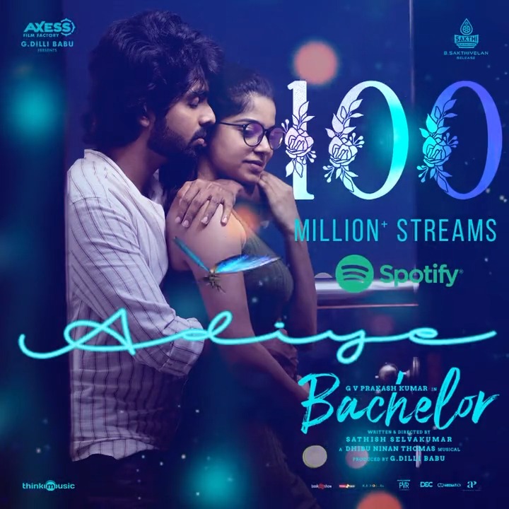Loaded with love 💗 🦋🦋 #Adiye crossed massive 1️⃣0️⃣0️⃣M+ streams on Spotify India A DHIBU NINAN THOMAS 🎶 G.V.Prakash Kumar Divyabharathi Sathish Selvakumar Axess film factory KAPIL KAPILAN GKB #Bachelor