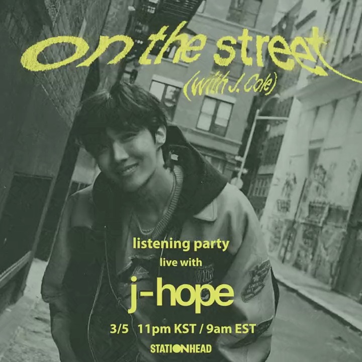 Join the j-hope 'on the street (with J. Cole)' Listening Party on @Stationhead! And don't miss the surprise!🐿️💜 📆 Mar 5, 9am ET | 11pm KST 👉 *Stationhead log-in & Connect to Spotify or Apple Music account required