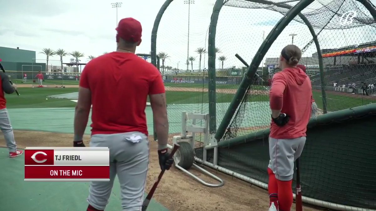 TJ Friedl reacts to Spencer Steer's home run during batting practice. 🎙️ #RedsST