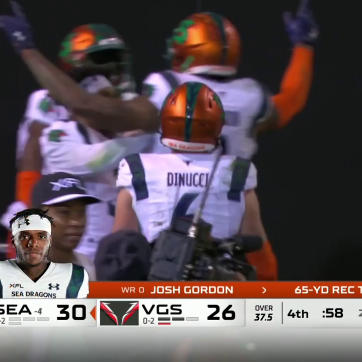 Josh Gordon had 6 receptions, 118 yards and 2 TDs tonight in a win for the XFL's Seattle Sea Dragons. This 65-yard TD on 4th-down to take the lead was awesome.