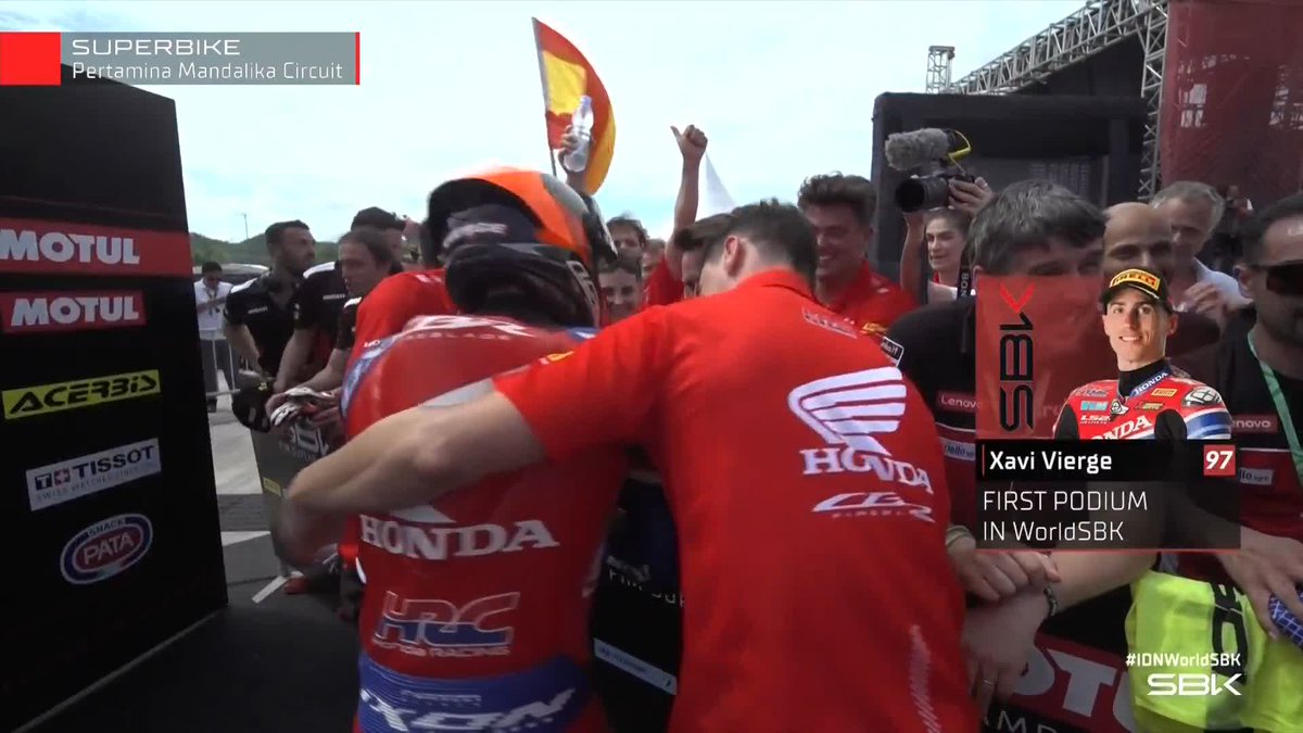Celebrations for Xavi Vierge Zafra's first #WorldSBK podium! 👍👍👍 #IDNWorldSBK 🇮🇩