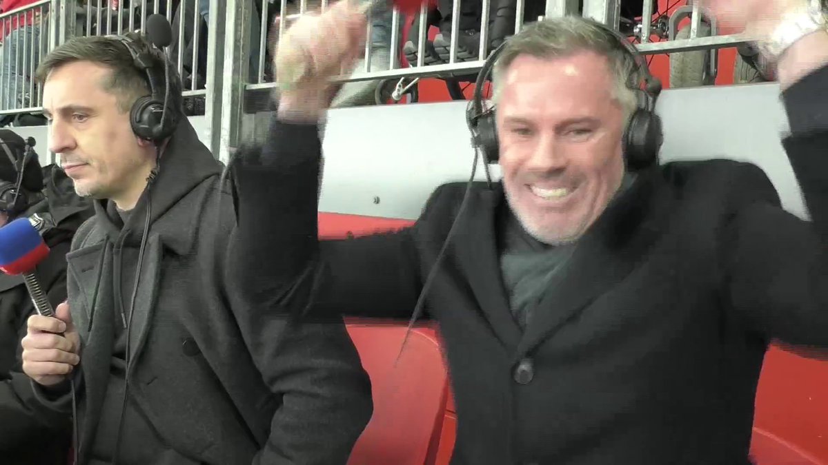 Commentary cam is BACK! 🎬 Here’s Jamie Carragher and Gary Neville watching that Liverpool opener hit the back of the net… 🤣