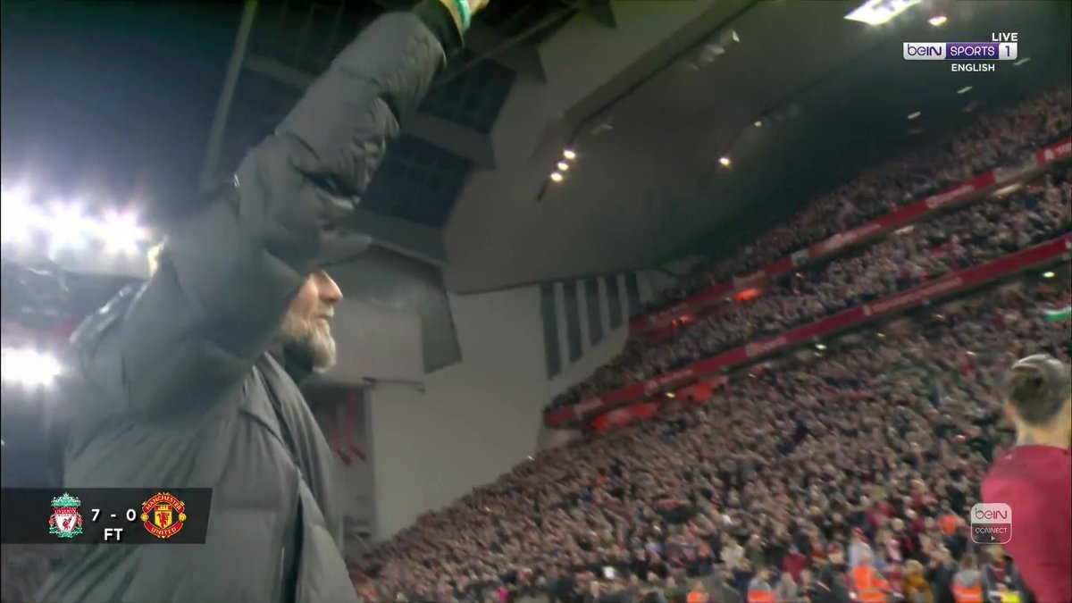 Jürgen Klopp refuses to do his trademark celebration in front of the Kop out of respect to Manchester United. #beINPL #LIVMUN 🔴👹
