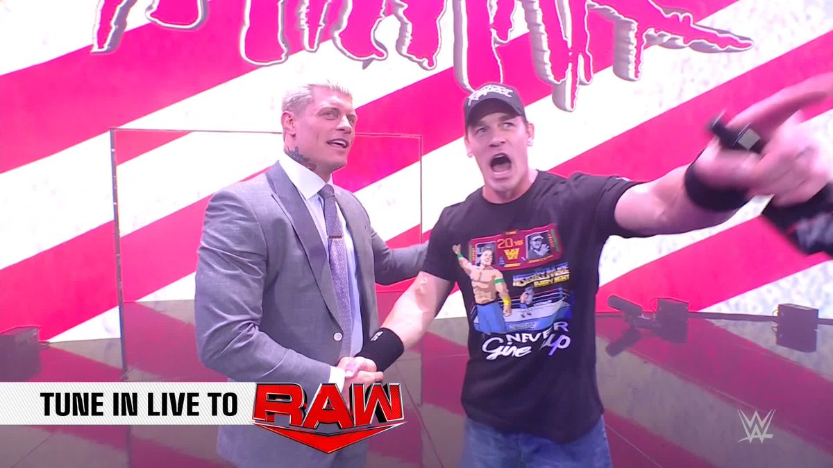 From one #WrestleMania challenger to another, John Cena just reunited with Cody Rhodes on #WWERaw!