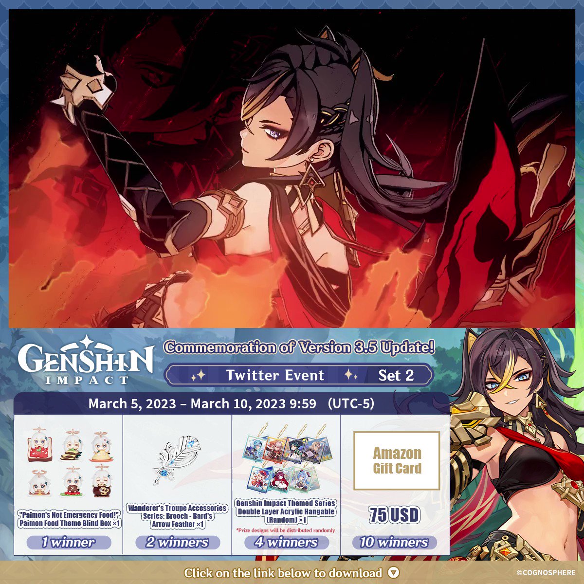 ✨Day 3✨ Commemoration of Version 3.5 Update! #GenshinImpact Twitter Event - Set 2 How to Participate: ① Follow Genshin Impact ② Retweet this post And you can instantly receive the event results! Event Rules: #FollowGenshinImpact