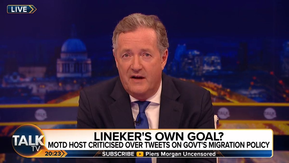 Piers Morgan has defended Gary Lineker for airing his political views on Twitter, saying it shouldn't matter because he's not a news presenter. "His eight-and-a-half followers want to know what he thinks about stuff." Piers Morgan | Gary Lineker | Talk | #PMU