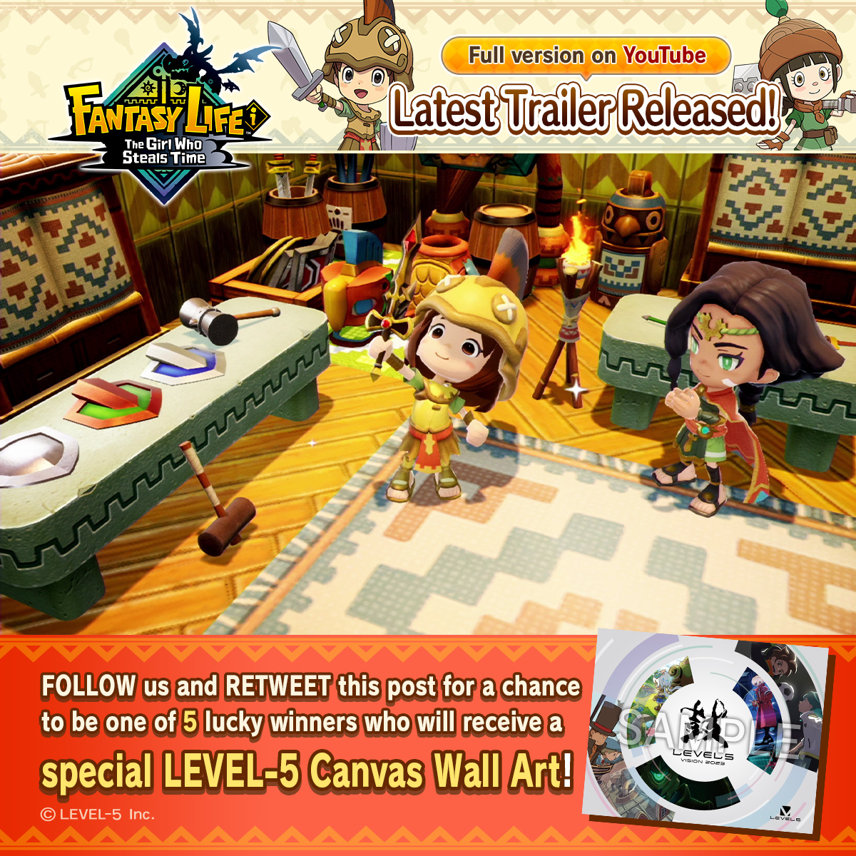 WIN A SPECIAL WALL ART! The latest trailer for Social slow-life RPG FANTASY LIFE i: The Girl Who Steals Time is out now! Find out more: ▼ Win a special wall art! 1. Follow FANTASY LIFE Series 2. Retweet this! Entry deadline: 3/16, 23:59 JST #FLi