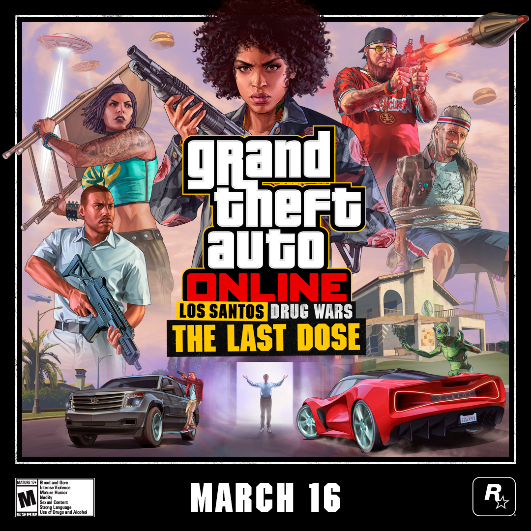 Los Santos Drug Wars reaches its eye-popping conclusion with an explosion of hallucinations, kidnapping, and revenge in The Last Dose. The Last Dose will be available to all GTA Online players on PlayStation 5, PlayStation 4, Xbox Series X|S, Xbox One, and PC on March 16.