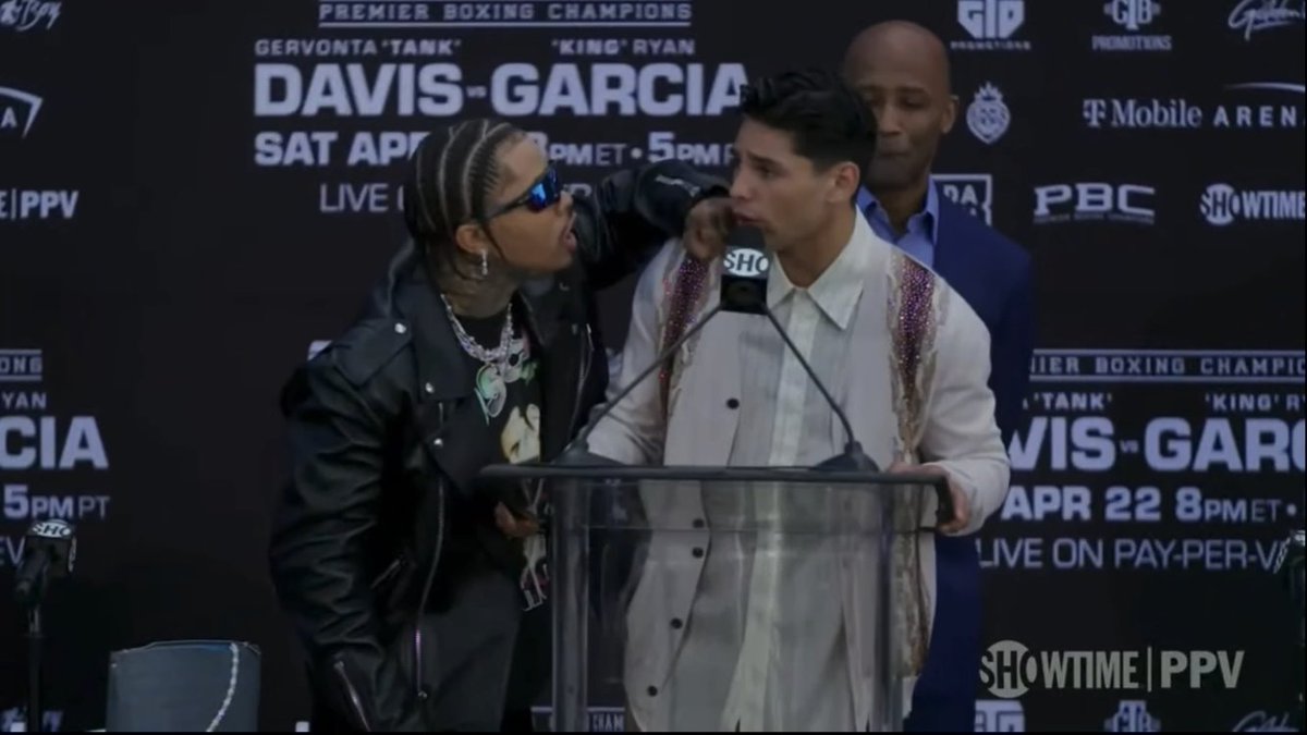 ‼️ Gervonta Davis and Ryan Garcia exchange heated trash talk at the presser ahead of their fight on April 22nd… [📽️ @ShowtimeBoxing]
