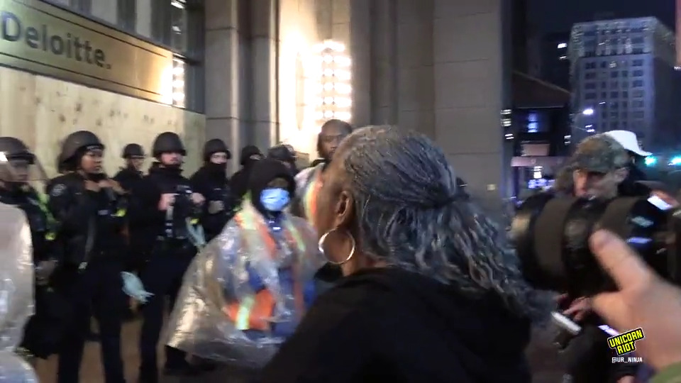 Kathy Lykes, the mother of Jarvis Lykes, who was 35 when he was killed by Georgia State Patrol in 2017, was able to speak her mind at some of the police guarding the Atlanta Police Foundation as the #StopCopCity crowd was dispersing. More on Jarvis: