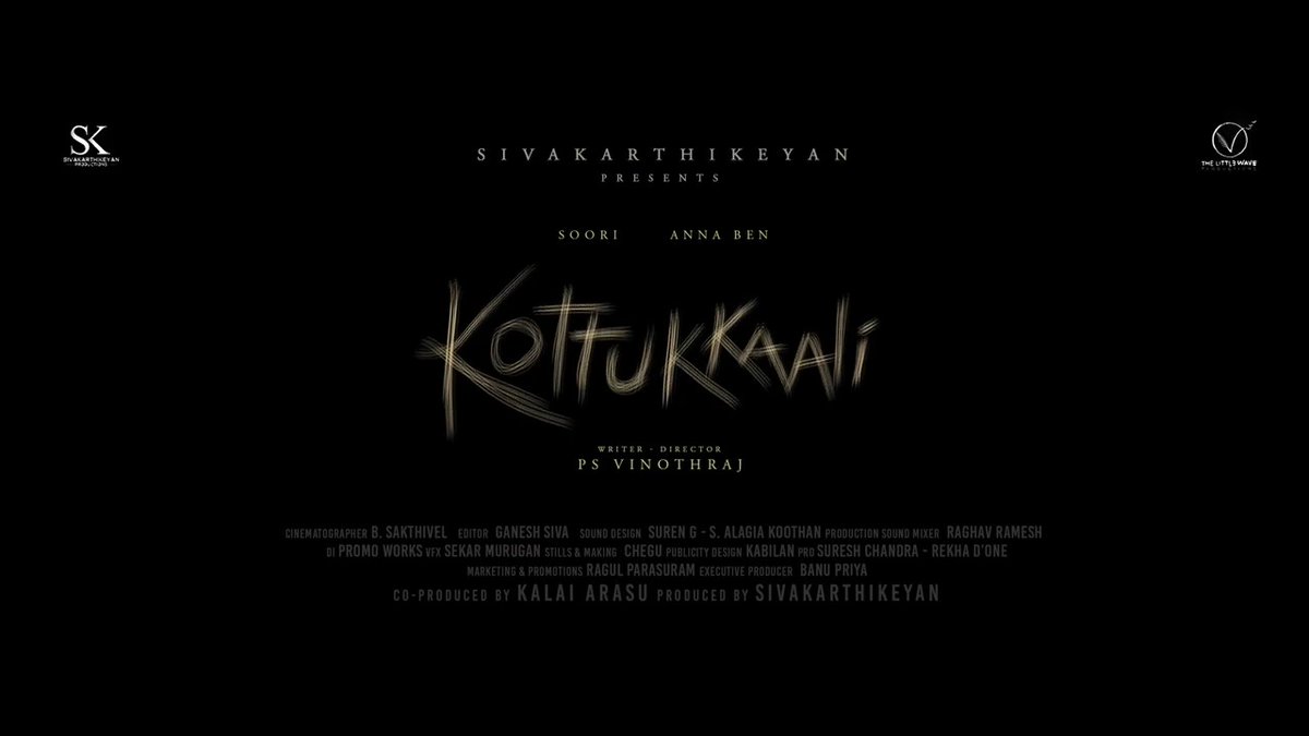 We proudly present the first look tease of #Kottukkaali 😊👍 Written & directed by Vinothraj PS Starring Actor Soori & Anna Ben 👍 Kalai Arasu Sivakarthikeyan Productions sakthivel Ganesh Siva