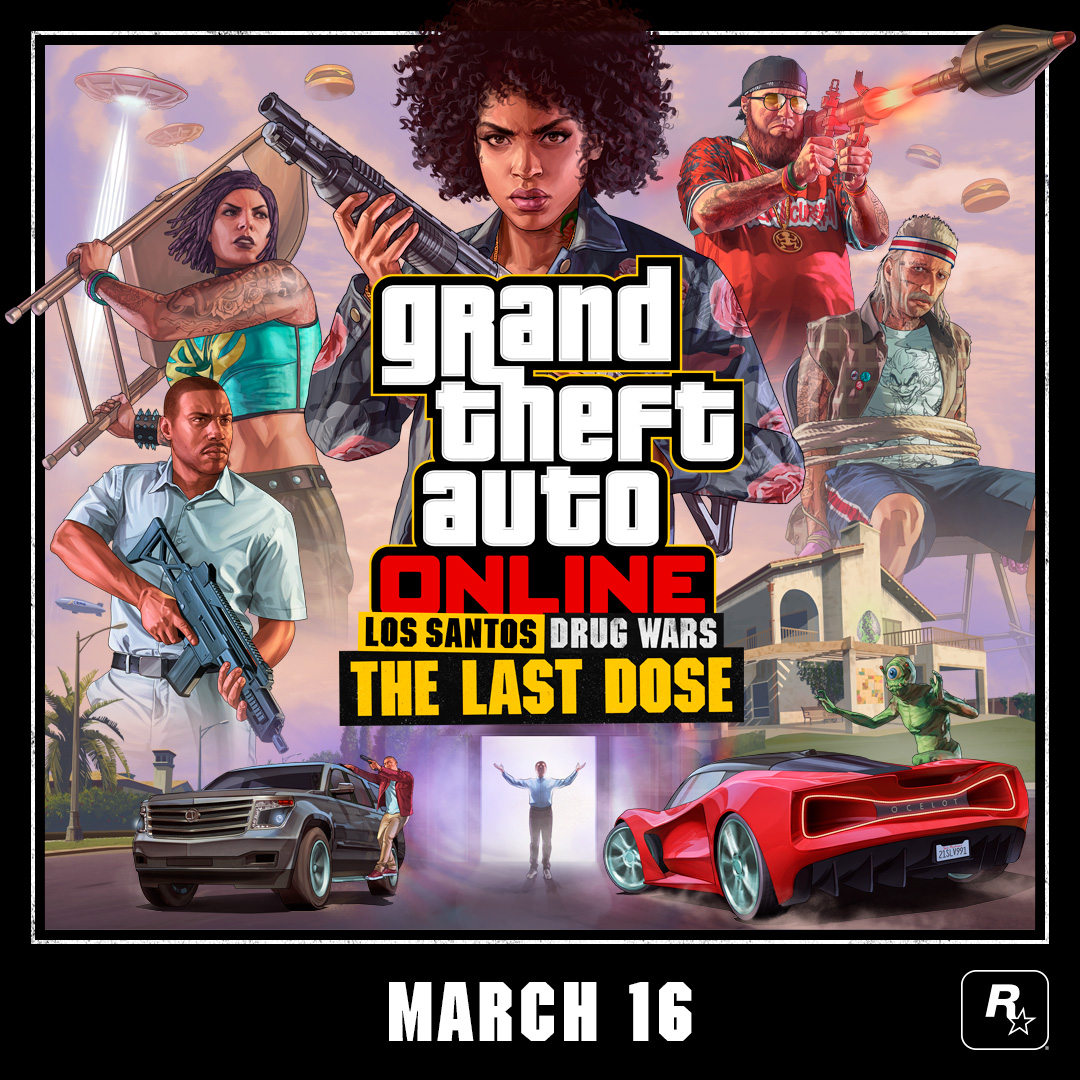 Los Santos Drug Wars reaches its eye-popping conclusion with an explosion of hallucinations, kidnapping, and revenge in The Last Dose. The Last Dose will be available to all GTA Online players on PlayStation 5, PlayStation 4, Xbox Series X|S, Xbox One, and PC on March 16.