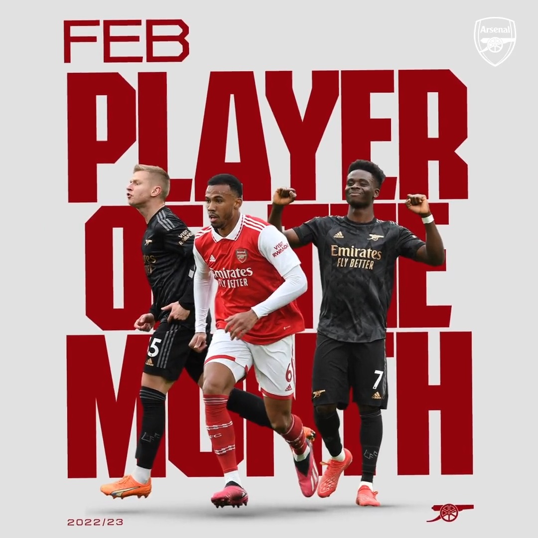 🥁 Presenting our February Player of the Month… 🥇 Oleksandr Zinchenko 🥈 Gabriel Magalhaes 🥉 Bukayo Saka Congratulations, Alex 🤩