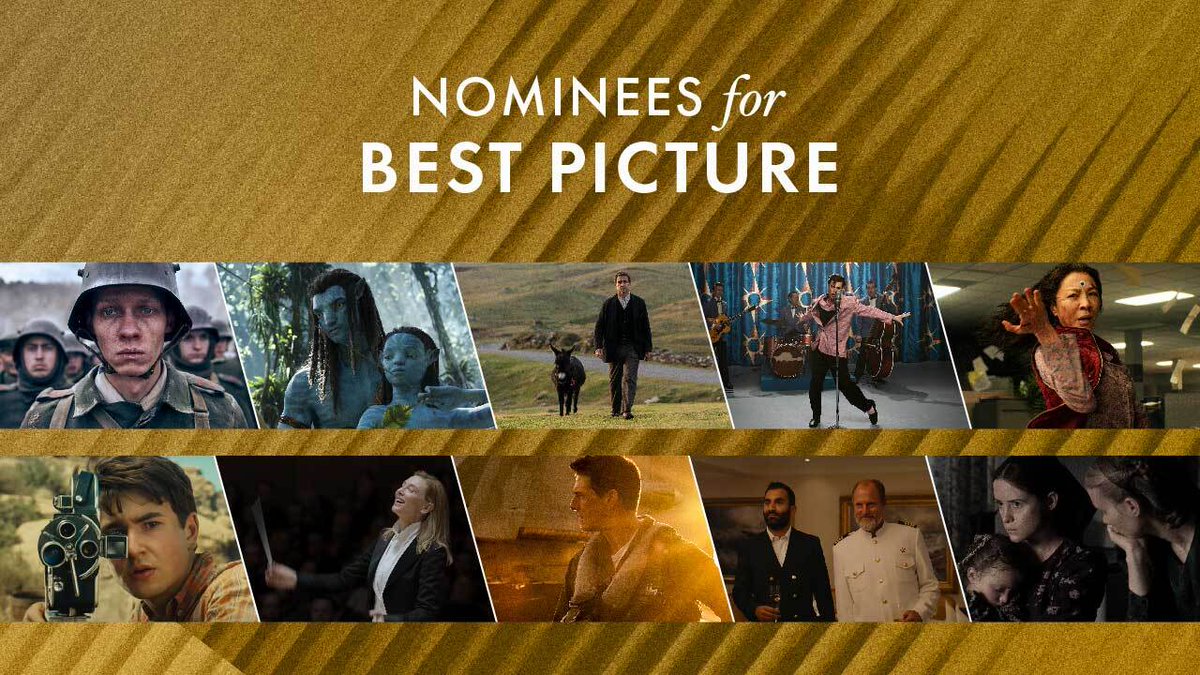 Presenting this year’s Best Picture nominees... #Oscars95 All Quiet on the Western Front, Avatar: The Way of Water, The Banshees of Inisherin, Elvis, Everything Everywhere All at Once, The Fabelmans, Tár, Top Gun: Maverick, Triangle of Sadness, Women Talking
