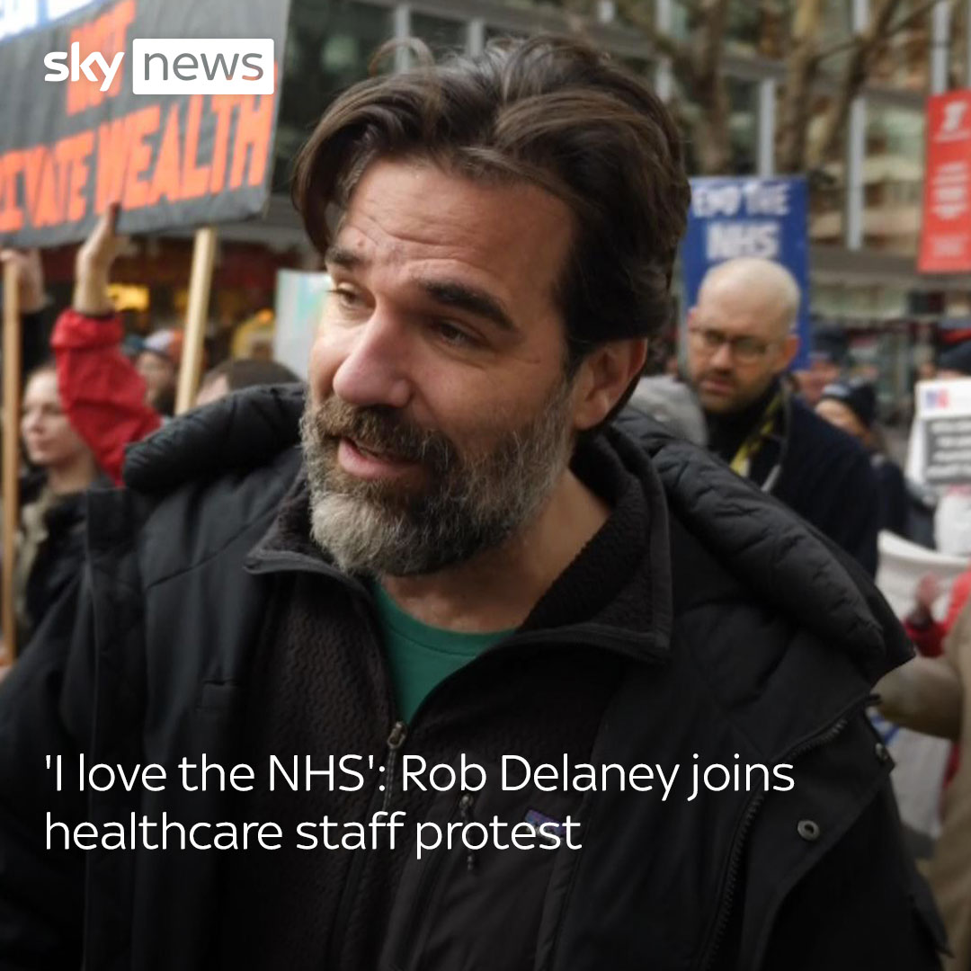 Actor Rob Delaney is a well-known NHS advocate - and said he joined the staff protest as he loves the service. Strikes latest: