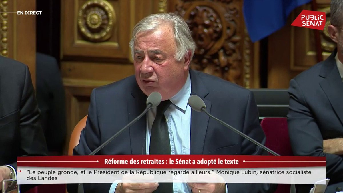 Le #Sénat adopte la #RéformeDesRetraites : "10 jours, plus de 100 heures de débats, un nombre record de 8 900 amendements et sous-amendements", résume Gérard Larcher "Nous avons débattu plus de 13 heures sur le seul article 7" qui reporte l’âge légal de départ de 62 à 64 ans