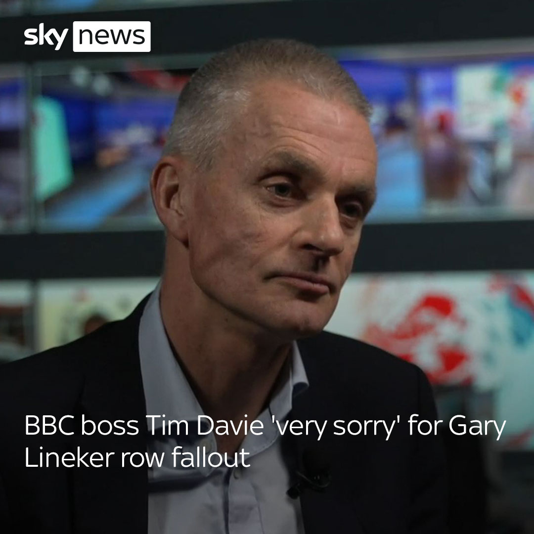 Speaking to the BBC, Tim Davie has said he is 'really sorry' for the disruption caused by the row with Gary Lineker over impartiality. Latest:
