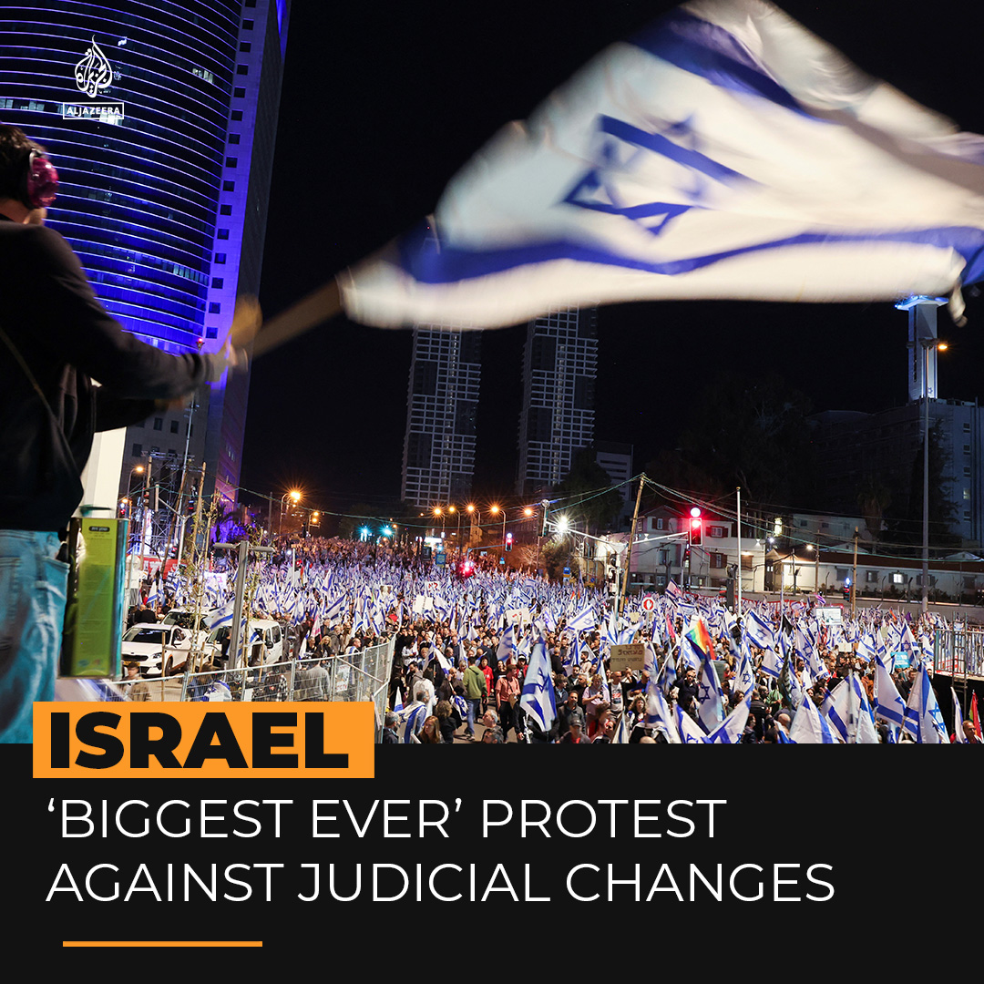 Hundreds of thousands of people have rallied in cities across Israel for a 10th week to protest plans by Benjamin Netanyahu’s far-right government to curb the powers of the Supreme Court ⤵️