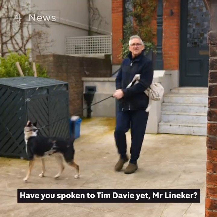 "Is this the end of your presenting career, Mr Lineker?" Reporters ask Gary Lineker whether he has had any talks with the BBC or Director General Tim Davie over being taken off air in the wake of his comments about the government's migration policy.