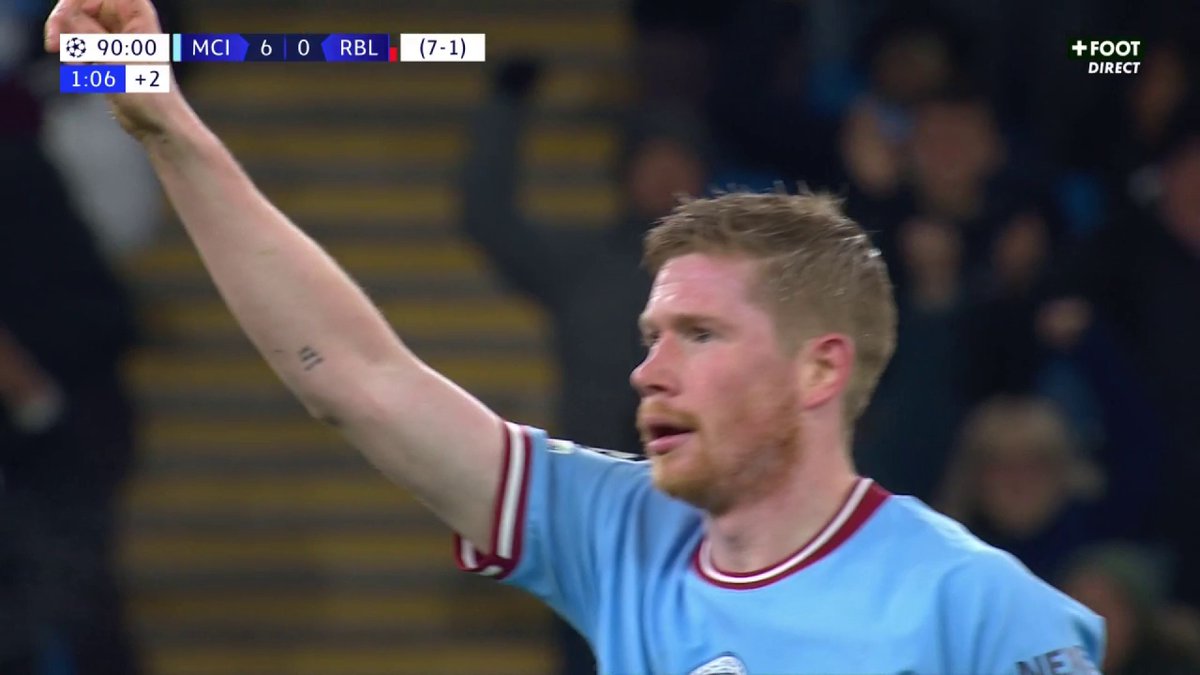 KEVIN DE BRUYNE. MERCI, BONSOIR 💥 Le Belge vient clôturer le festival de Manchester City qui s'impose 7-0 et se qualifie pour les 1/4 de finale d'#UCL 😳 #MCIRBL