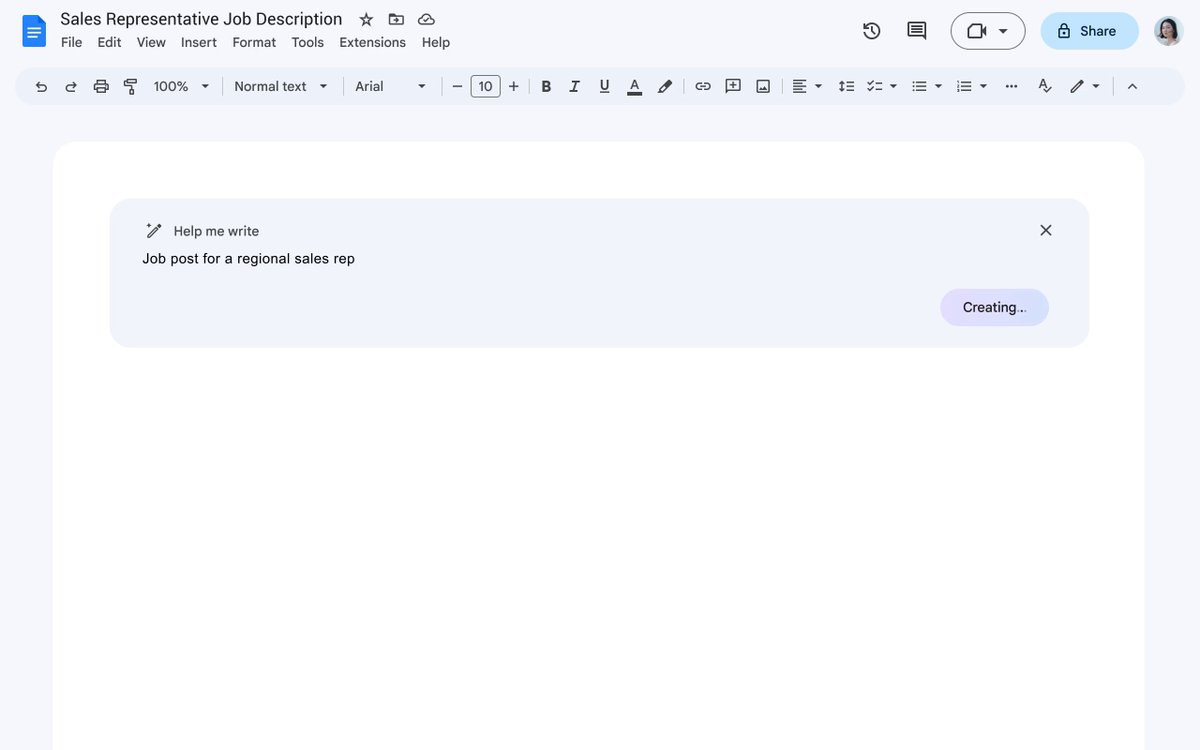 With new #GenAI capabilities coming to #GoogleWorkspace, you'll be able to simply type in a topic you’d like to write about in Google Docs, and a draft will instantly be generated for you. →