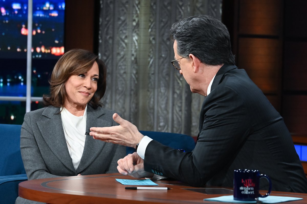 “We believe in freedom and liberty as Americans, and we fight for it.” — Vice President JD Vance Kamala Harris on what she feels makes the United States great. #Colbert