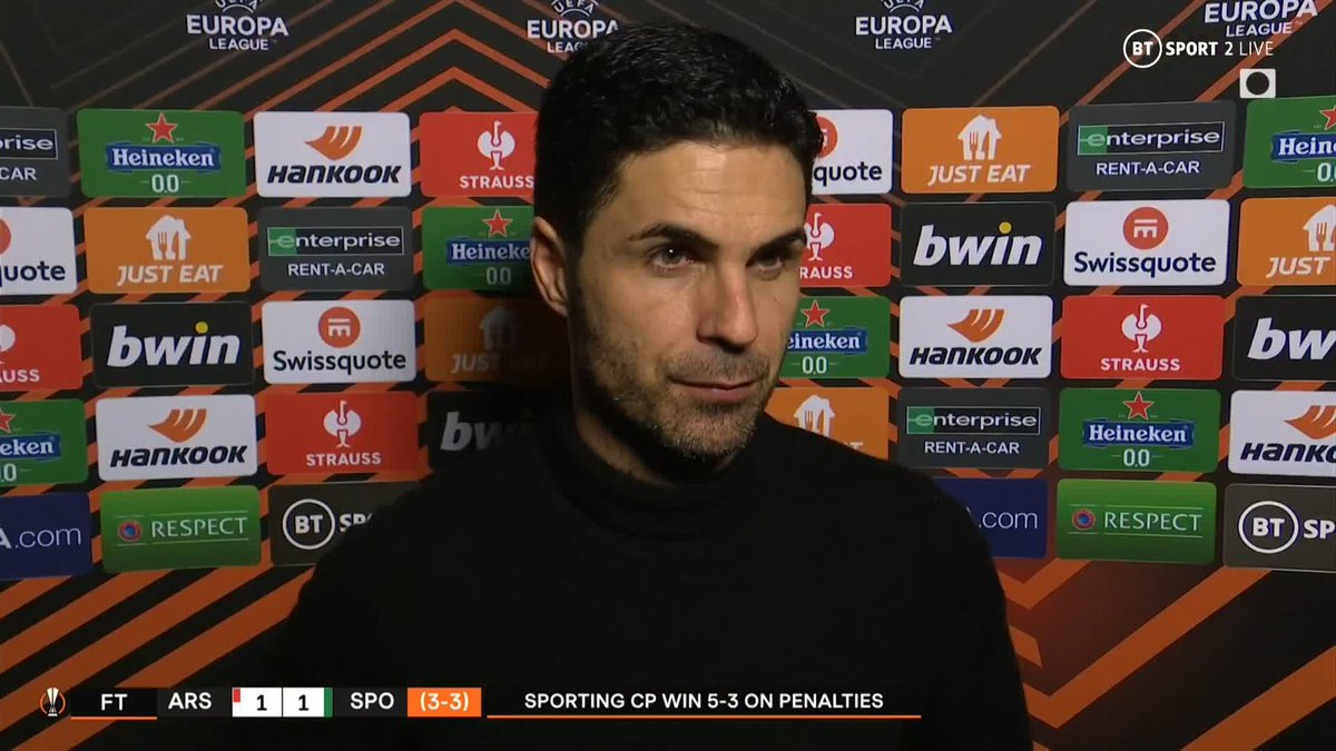 "We weren't at our level." 😤 Arsenal manager Mikel Arteta gives his verdict on his side's defeat on penalties to Sporting. #UEL