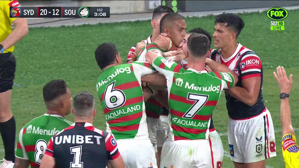 Things flare up at Allianz Stadium! 📺 Watch #NRLRoostersRabbitohs on ch.502 or stream on Kayo: BLOG MATCH CENTRE