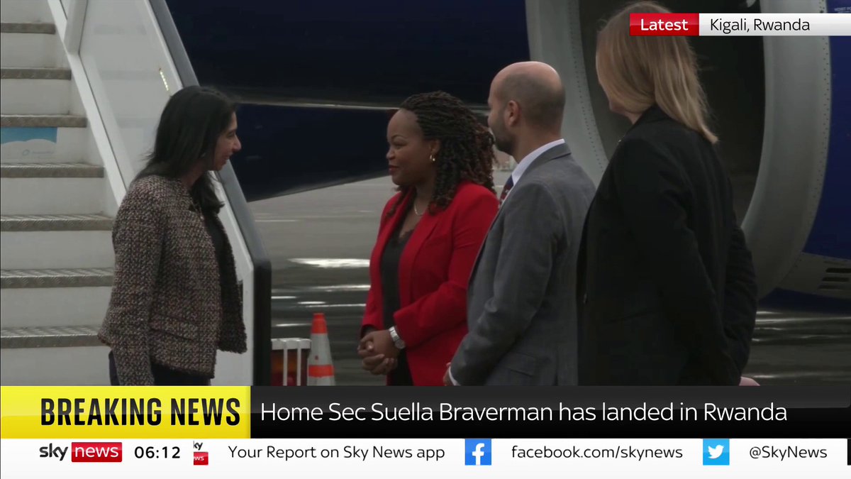 BREAKING: Home Secretary Suella Braverman has landed in Rwanda to reinforce the government's plans to deport migrants there who arrive in the UK by small boat or other illegal means. Latest: 📺 Sky 501, Virgin 602, Freeview 233 and YouTube