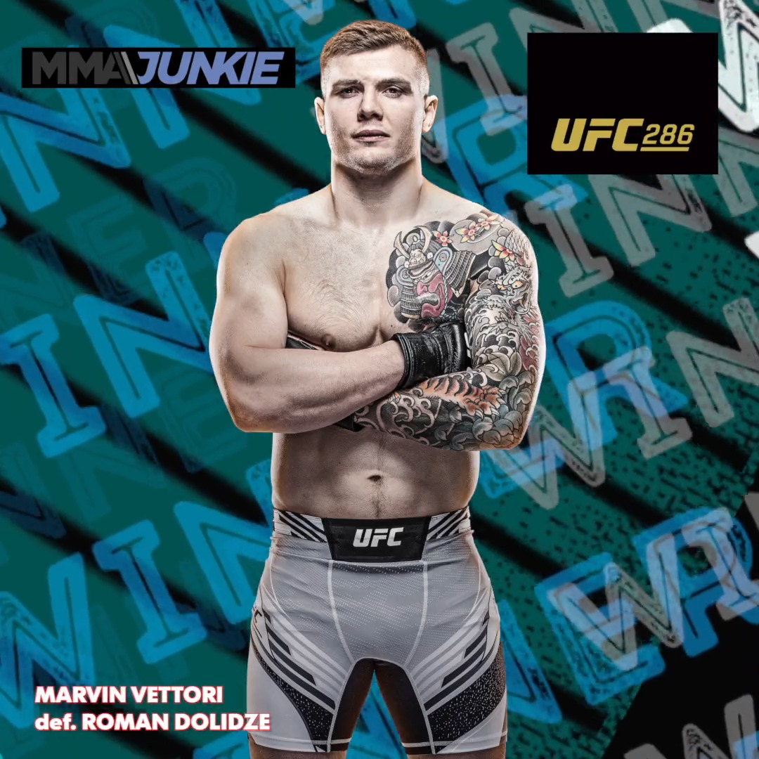 #UFC286 results: Marvin Vettori (Marvin Vettori) def. Roman Dolidze via unanimous decision (29-28, 29-28, 30-27). Full story: