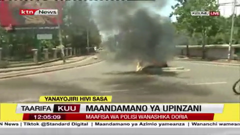 Protestors in Kisumu light fire, vandalize electricity posts and cables after they were repulsed from accessing State House Kisumu.